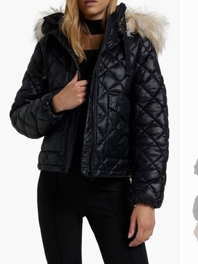 River Island Black Quilted Hooded Puffer Jacket with Faux-Fur Trim